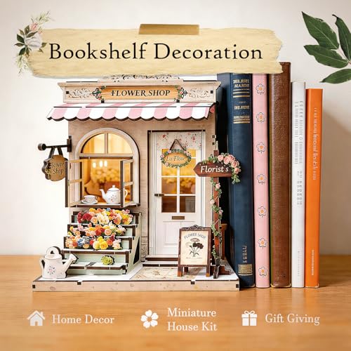 Book Nook Kit DIY Miniature House – 3D Wooden Puzzle Bookshelf Insert with LED Lights, Tiny Dollhouse Building Model Craft Kit, Unique Book Nook Decor Gift for Adults, Teens, Book Lovers - style: Flower Shop