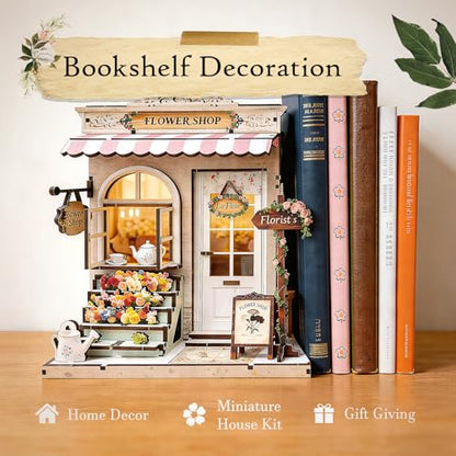 Book Nook Kit DIY Miniature House – 3D Wooden Puzzle Bookshelf Insert with LED Lights, Tiny Dollhouse Building Model Craft Kit, Unique Book Nook Decor Gift for Adults, Teens, Book Lovers - style: Flower Shop