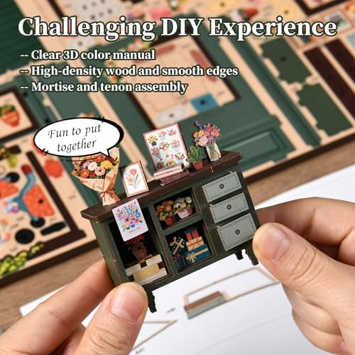 DIY Miniature House Kit for Adults & Teens, Flower Shop Scene Mini House Decor with Touch Switch Light, 3D Wooden Puzzle Gift for Book Lovers & DIY Fans (Aura Verde) - style: Aura Verde
