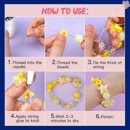 Fandamei Elastic String for Bracelets Making Kit, 1mm&0.8mm Clear Bracelet String, 10ml B7000 Glue*4 with Stretchy Bracelet String, Jewelry Glue&Beading Needles for DIY Necklaces, Bracelets & Jewelry