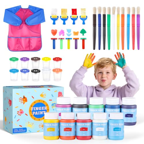 TMOL Washable Paint for Kids, 10 Colors (2 fl oz) 40 Pcs Non-Toxic Finger Paint Kit with Brushes, Sponge, Smock, Toddler Art Supplies for Painting, Craft & School Projects