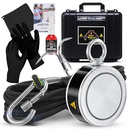 1000LB Complete Magnet Fishing Kit | Double Sided Fishing Magnet Kit with Case | Includes Strong Neodymium N52 Magnets, Durable 65ft Rope, Carabiner, Gloves, Grappling Hook & Carry Case - size: 1000 LB Double Sided Magnet Kit