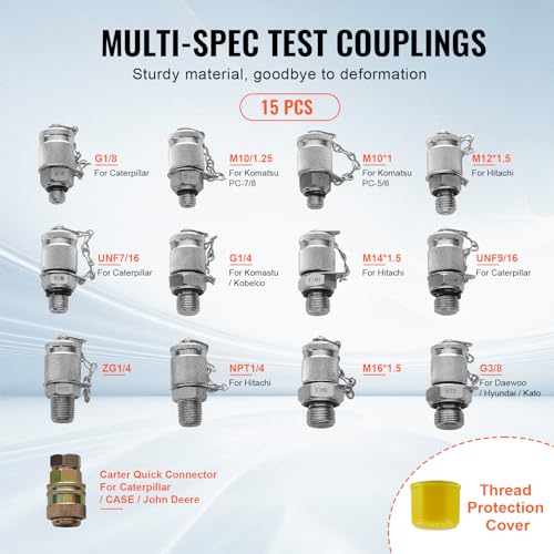 VEVOR Hydraulic Pressure Test Kit, 10/100/250/400/600bar, 5 Gauges 13 Test Couplings 14 Tee Connectors 5 Test Hoses, Hydraulic Gauge Kit with Sturdy Carrying Case, for Excavator Construction Machinery - style: 5 Gauges 13 Couplings