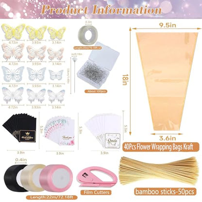 Majreey Floral Wrapping Paper Kit, 80Sheet Waterproof Floral Paper, 3Rolls Ribbon for Flower Bouquet, 2Rolls Transparent Tape,100Pcs Flower Pins, 48Pcs 3D Butterflies, 9Pcs Crowns (Flower-4) - color: Flower-4