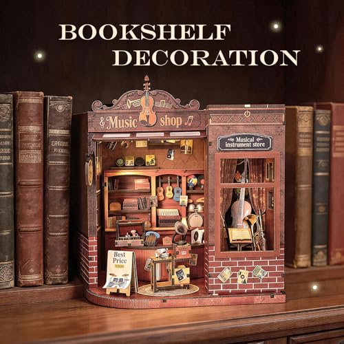 Book Nook Kit DIY Miniature House for Adults, Timeless Music Shop Dollhouse Bookshelf Insert with LED Light, DIY Craft Model Kit for Adults & Teens, Unique Bookshelf Decor Gift for Book Lovers - style: Music Shop