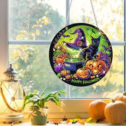 NAIMOER Halloween Diamond Art Hanging Kits for Adults, Black Cat 5D Special Shaped Rhinestone, DIY Acrylic Diamond Art Painting Window Pendants Home Garden Wall Hanging Ornament Kits, Double Sided - color: Halloween Black Cat