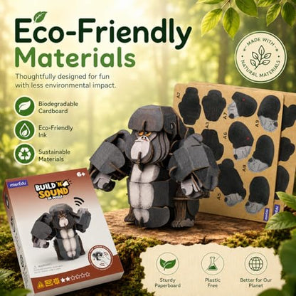 MierEdu Build 'N' Sound 3D Puzzle for Kids, Animal Puzzle with Sound Module, Educational STEM Craft Kit, FSC Paper Model Building Toy Gift for Ages 6+ - color: Silverback Gorilla