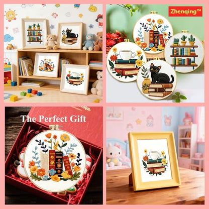 Zhenqing 4-Piece Book Lover Embroidery Kit for Beginners, Cat Coffee Books Needlework Set with Pre-Printed Fabric, Hoop, Threads & Tools (C0226) - color: Book Lover Embroidery Collection