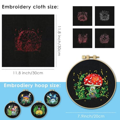 ERKOON 5 Sets Embroidery Kit for Beginners Adult Mushroom Cross Stitch - color: Black-Mushrooms