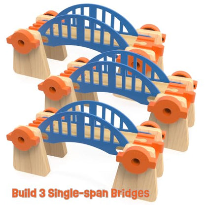 Wooden Train Track Accessories Build & Play Construction Set 90 PCS Ultimate Elevated Railway STEM Toys Track Expansion Pack Ascending Tracks Risers Bridges Tunnel Stop Go Gate Compatible Thomas Brio