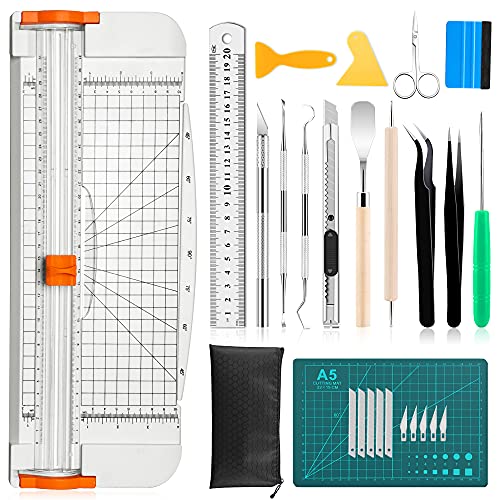 27PCS Craft Weeding Tools for Vinyl Kit,Utility Knife Set with 12Inch Paper Cutter Trimmer for Scrapbooking,Silhouettes,Cameos,DIY Art Crafting,Cutting,Splicing,Cardstock - color: White