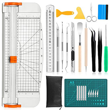 27PCS Craft Weeding Tools for Vinyl Kit,Utility Knife Set with 12Inch Paper Cutter Trimmer for Scrapbooking,Silhouettes,Cameos,DIY Art Crafting,Cutting,Splicing,Cardstock - color: White