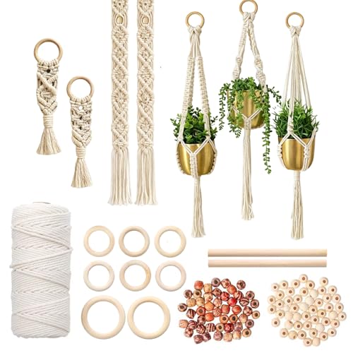 111PCS Macrame Plant Hanger DIY Knitting Kit – 109Yd 3mm Cotton Cord, 8PCS Wood Rings 100PCS Beads 2PCS Sticks, Craft Set Ideal for Macrame Starter Kit