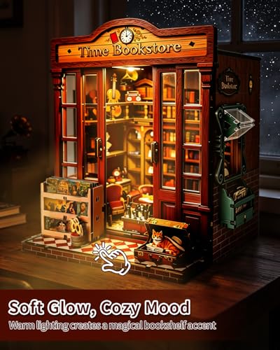 DIY Book Nook Kit Miniature House with Warm Light, Time Bookstore 3D Wooden Puzzles, Mini Bookstore Dollhouse Craft Kit for Adults&Teens, Bookshelf Insert Decor,Creative Gift for Shelf,Desk&Home Décor