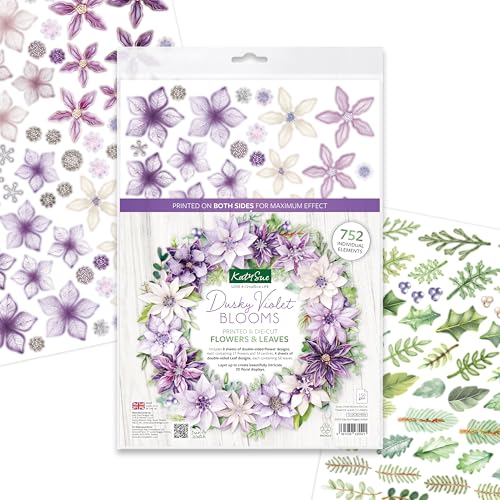 Katy Sue Dusky Violet Blooms, Die Cut Flowers & Leaves Pack. 12 Sheets of Pre-Cut Double-Sided Paper Flowers & Leaves in a Purple Colorway from Card Making Supplies. UK-Made.
