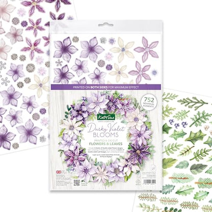Katy Sue Dusky Violet Blooms, Die Cut Flowers & Leaves Pack. 12 Sheets of Pre-Cut Double-Sided Paper Flowers & Leaves in a Purple Colorway from Card Making Supplies. UK-Made.