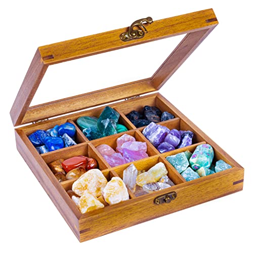 Rock Display Case - 8" x 8" Rock Collection Box for Kids & Adults - Crystal Holder for Stones Display Shelf with 9 Compartments & Acrylic Lid - Gemstone & Crystal Storage Box Organizer
