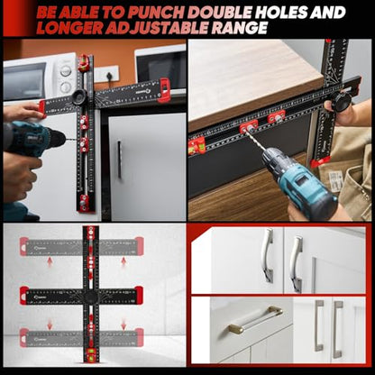 Saker 4-in-1 Drilling Positioning Ruler, Adjustable 13.78in Multifunctional T Square Ruler, Cabinet Hardware Jig, Marking Gauge Tools for Woodworking, Cabinet Drawer Door Hole Drilling Template - size: 13.78inch