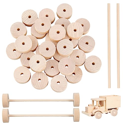 OLYCRAFT 30Pcs Wooden Craft Wheels 1.1x0.4 Inch With 15Pcs 5.9 Inch Sticks - Small Flat Wood Wheels for DIY Model Cars and Crafts Supplies - size: 1.1 inch x 0.4 inch
