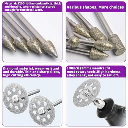 120Grit Diamond Grinding Bit Set for Dremel, Rotary Tool Grinding Cutting Wheel 1/8” Shank for Stone Glass Tile Jewelry Engraving Rock Etching Carving Metal Wood - 32Pcs - style: Style 3