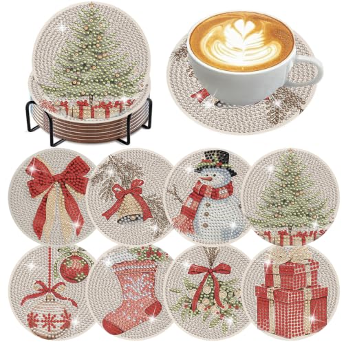 8 Pcs Christmas Diamond Art Coasters with Holder Cork Pads - color: Christmas Diamond Art Coasters-2