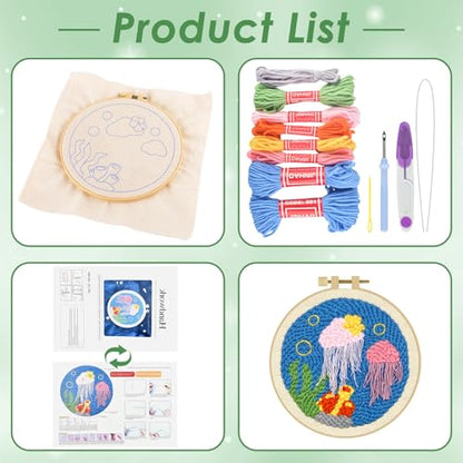 ERKOON Punch Needle Kit Adults Beginners, DIY Easy Ocean Embroidery Set for Starter Art Craft, Needling Punch Project with Patterns, Tools, Yarns, Hoop, Instruction (Jellyfish) - color: Jellyfish