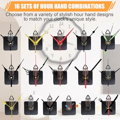 16 Pack Quartz Clock Movement Mechanism Kit, Silent Sweep Non-Ticking, 20mm Total Shaft (11mm Thread) Fits 3–6mm Dials, 16 Hand Styles, Hanging Hooks & Traceless Nails, DIY Wall Clock Repair - color: 16-pack