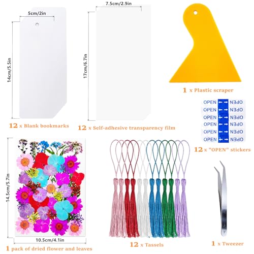 Cardstock Blank Bookmarks Set, 12 Pcs DIY White Craft Bookmarks for Pressed Flowers, Dried Floral Book Mark Making Kit with Pressed Flowers, Tassels, Book Marks for Dried Floral (Elegant Style) - style: Elegant Style