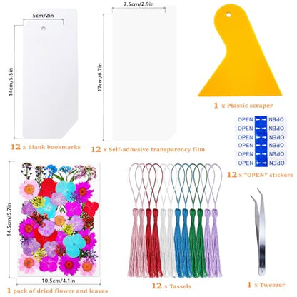 Cardstock Blank Bookmarks Set, 12 Pcs DIY White Craft Bookmarks for Pressed Flowers, Dried Floral Book Mark Making Kit with Pressed Flowers, Tassels, Book Marks for Dried Floral (Elegant Style) - style: Elegant Style