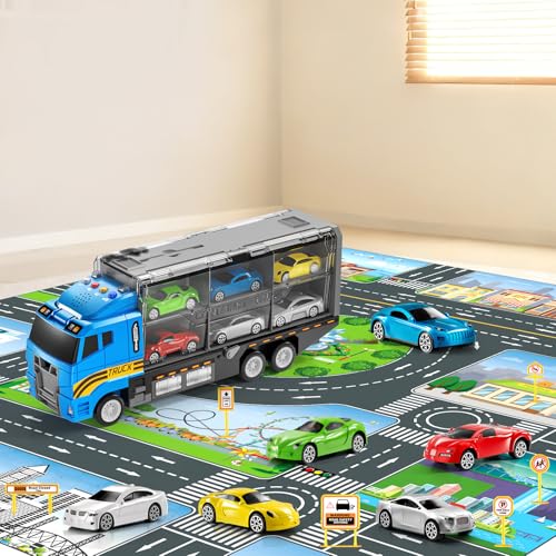 NIPLOOOW Kids Boys Toys for 3 4 5 6 Years Old, Truck Vehicle Set with Play Mat and Die-Cast Toy Car, Transport Carrier Truck for Kids, Birthday Gifts Toys for 3 4 5 6 7 8+ Year Old Boys - style: Racing truck