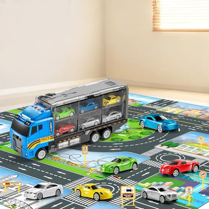 NIPLOOOW Kids Boys Toys for 3 4 5 6 Years Old, Truck Vehicle Set with Play Mat and Die-Cast Toy Car, Transport Carrier Truck for Kids, Birthday Gifts Toys for 3 4 5 6 7 8+ Year Old Boys - style: Racing truck