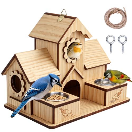 4-Hole Birdhouse for Outside with Feeding Tray, Cedar Wood