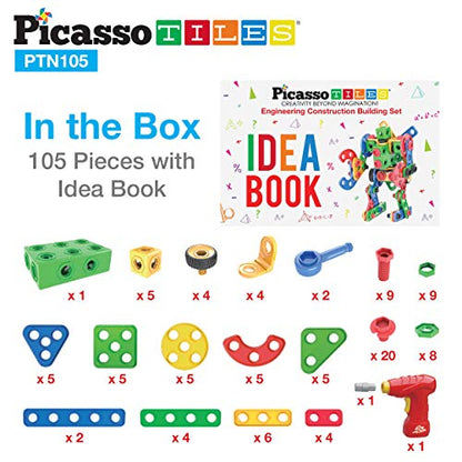 PicassoTiles STEM Learning Toys 105 Piece Building Block Set Kids Construction Engineering Kit Toy Blocks Children Early Education Playset w/IdeaBook, Power Drill, Clickable Ratchet, Age 3+ PTN105 - color: 105pcs Transformation