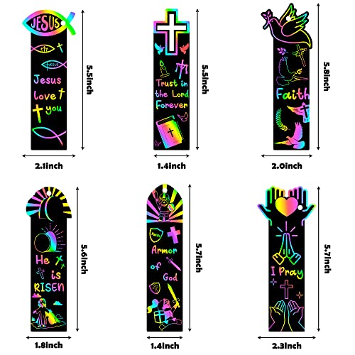 CY2SIDE 60PCS Religious Scratch Bookmarks, DIY Crosses Rainbow Color Paper Cards Craft Kits for Christian Sunday School Church, Easter Magic Art Project for Vacation Bible Classroom
