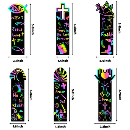 CY2SIDE 60PCS Religious Scratch Bookmarks, DIY Crosses Rainbow Color Paper Cards Craft Kits for Christian Sunday School Church, Easter Magic Art Project for Vacation Bible Classroom