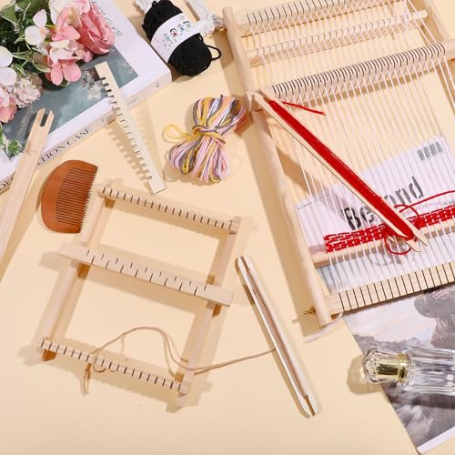 FREEBLOSS 2 Set Weaving Loom Kit Wood Craft Weaving Loom Hand-Knitting Machine for Tapestry Beginners with Yarn 15.55x9.8inch; 8.1x6.3inch
