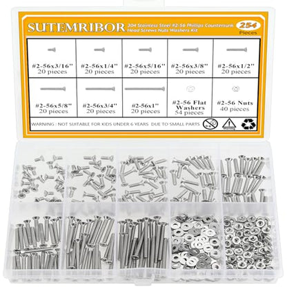 254 Pieces #2-56 x 3/16", 1/4", 5/16", 3/8", 1/2", 5/8", 3/4", 1", Phillips Countersunk Head Machine Screws Nuts Washers Assortment Kit - size: #2-56, style: Phillips Countersunk Head