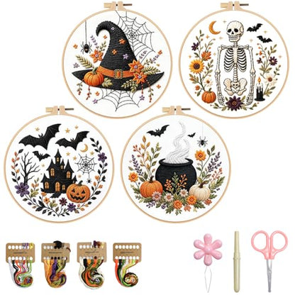 Halloween Embroidery Kit, Skeleton Cross Stitch Kits, 4 Set Craft Kits for Beginners with Pre-Printed Embroidery Fabric, Hoops, Step-by-Step Instructions, Color Threads & Needles (Halloween-4 Set) - color: Halloween-4 Set
