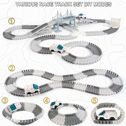 GIAT Race Car Tracks Set - Birthday Gift for 3 4 5 6 7 Year Old Boys, 290+ PCS Flexible Train Track Kit for Kids, Interactive Toy with Cars and Rocket - color: White Space Race Track Set