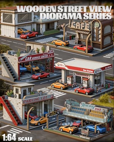 1/64 Diorama Racetrack with LED, Wooden Garage for Hot Wheels