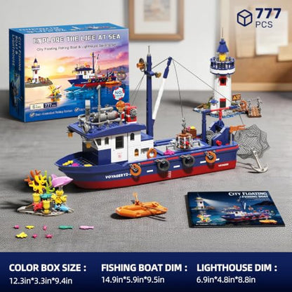 Fishing Boat & Light-Up Lighthouse Building Set, Compatible with LEGO Boat 777 PCS Sea Fishing Building Kit with Gear-Controlled Net, Rescue Dinghy and Coral Reef, Ocean Gift for Kids and Teens