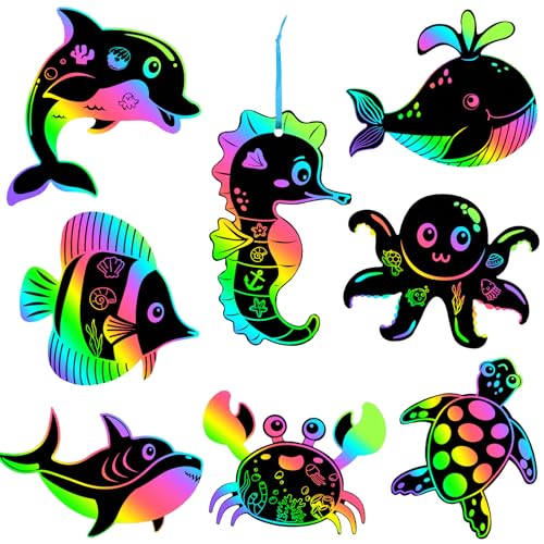 JULMELON 36 Pcs Ocean Crafts for Kids, Rainbow Scratch Art Party Favors - style: Ocean Crafts