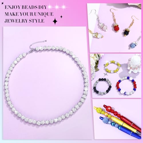 Dowarm 255PCS 10mm Rhinestone Beads for Baseball Necklace Bracelet Jewelry Making, White Rhinestone Clay Beads for Crafts Beaded Pen, Round Polymer Clay Shamballa Pave Disco Diamond Bead - color: 01-White