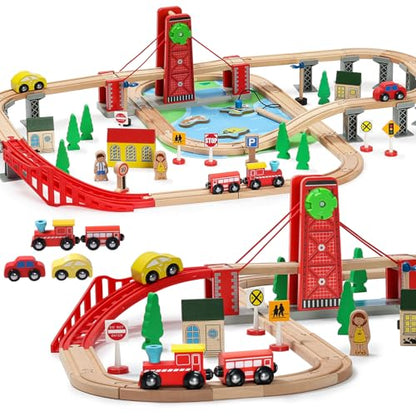 SainSmart Jr. Wooden Train Set for Toddler, Double-Side Wood Train Track with 4 Trains Fits Brio, Thomas, Melissa and Doug, Toy Railway Kit for Kids Ages 3+ - style: Classic or Traditional
