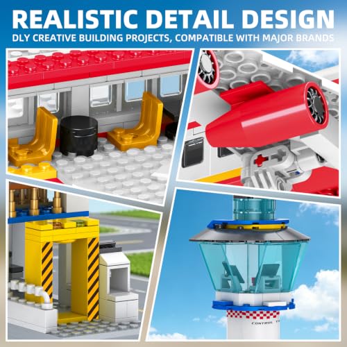 WINGIFT 880 Pcs City Airport Passenger Terminal Building Set, 6 in 1 Airplane Building Blocks Toy, STEM Aircraft Bricks with Shuttle Bus,Luggage Cart,Planes Model Toys Gifts for Boys Girls Ages 6-12+ - color: Red
