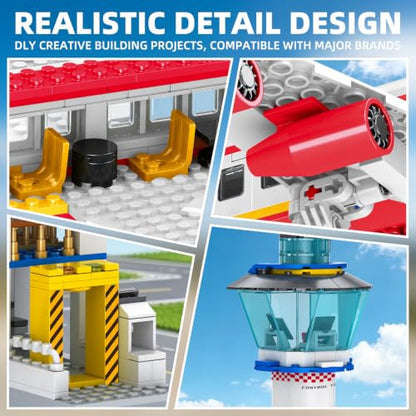 WINGIFT 880 Pcs City Airport Passenger Terminal Building Set, 6 in 1 Airplane Building Blocks Toy, STEM Aircraft Bricks with Shuttle Bus,Luggage Cart,Planes Model Toys Gifts for Boys Girls Ages 6-12+ - color: Red