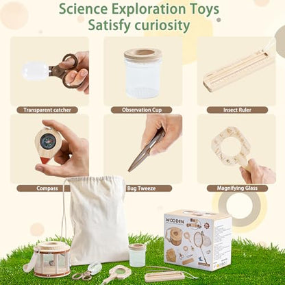 Wooden Bug Catcher Kit for Kids Ages 3-8, 11PCS Outdoor Nature Explorer Kit with Bug Habitat, STEM Educational Guide, Butterfly Net & Magnifying Glass, Montessori Catching Toy & Camping Gift