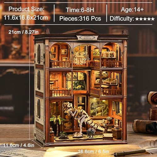 Dinosaur Museum Book Nook Kit - 3D Wooden Puzzle & DIY Miniature Dollhouse with LED Warm Light | Vintage Bookshelf Insert & Sturdy Bookends | Premium Creative Gift for Adults& Book Lovers - style: Dinosaur Museum