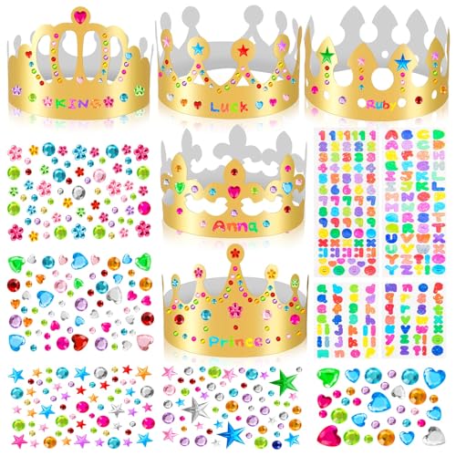 Gold Paper Crowns, Diy Birthday King Crowns Craft to Decorate, Paper Prince Princess Crown Hats for School Classroom - style: 18 (10 Crowns+8 Sticker Gems)