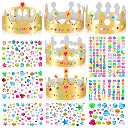 Gold Paper Crowns, Diy Birthday King Crowns Craft to Decorate, Paper Prince Princess Crown Hats for School Classroom - style: 18 (10 Crowns+8 Sticker Gems)